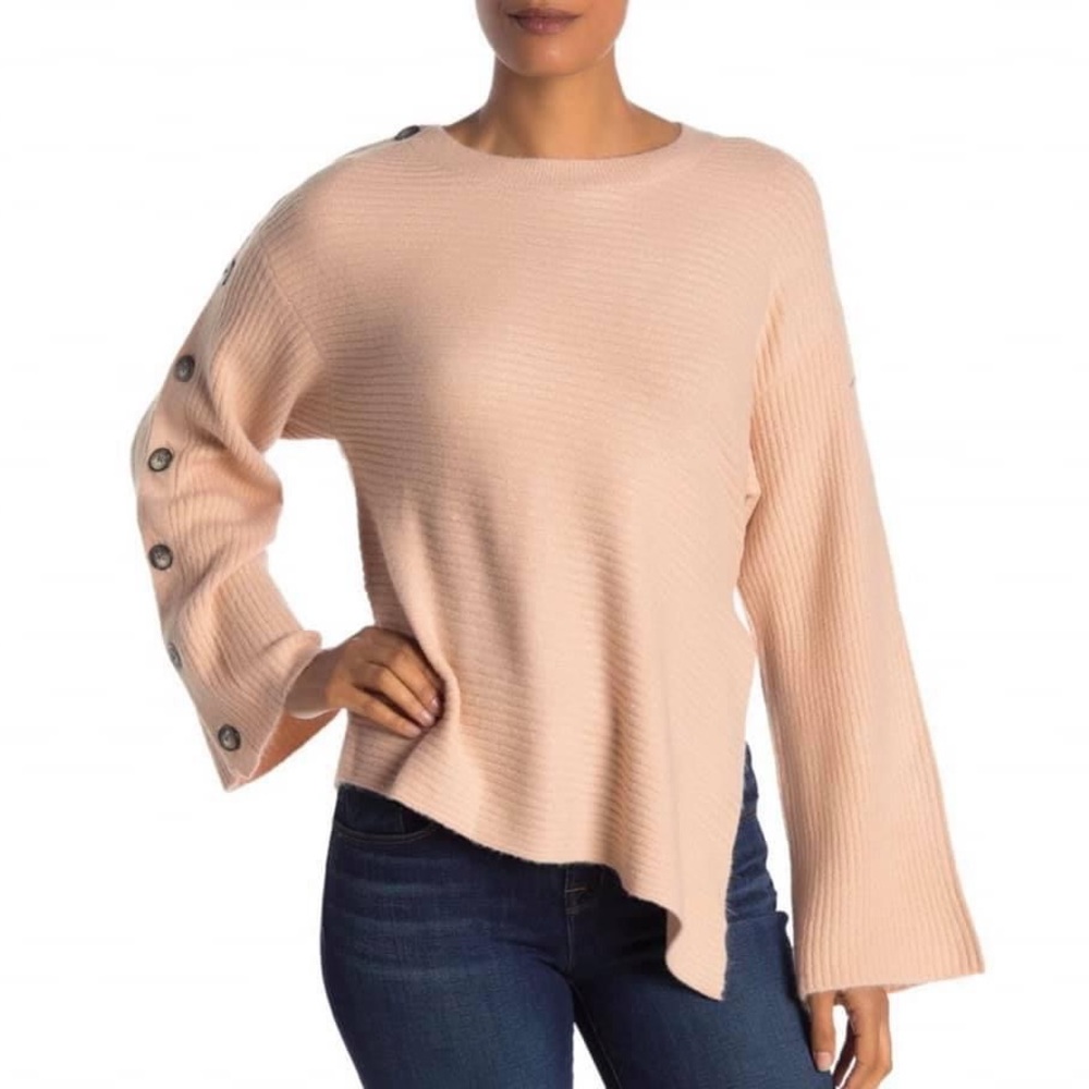 RACHEL Rachel Roy Adley Asymmetrical Button Sleeve Ribbed Knit Sweater size M